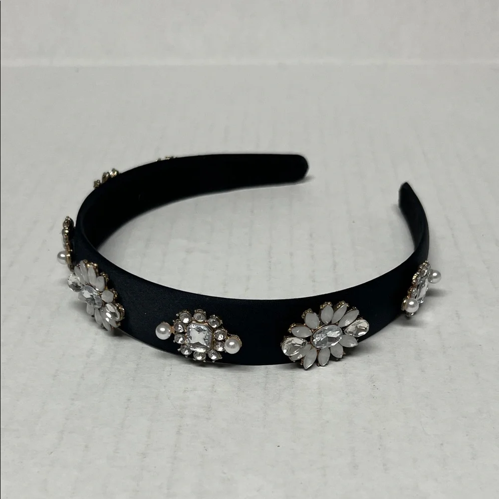 Black Satin Jeweled Embellished faux pearl rhinstones Headband coquette softgirl - Picture 2 of 8